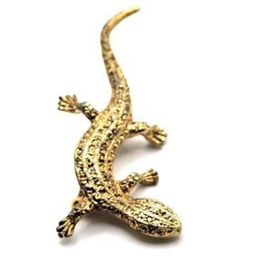 Vtg Textured Gold Red Rhinestone Eyes Reptile Lizard Salamander Figural Brooch